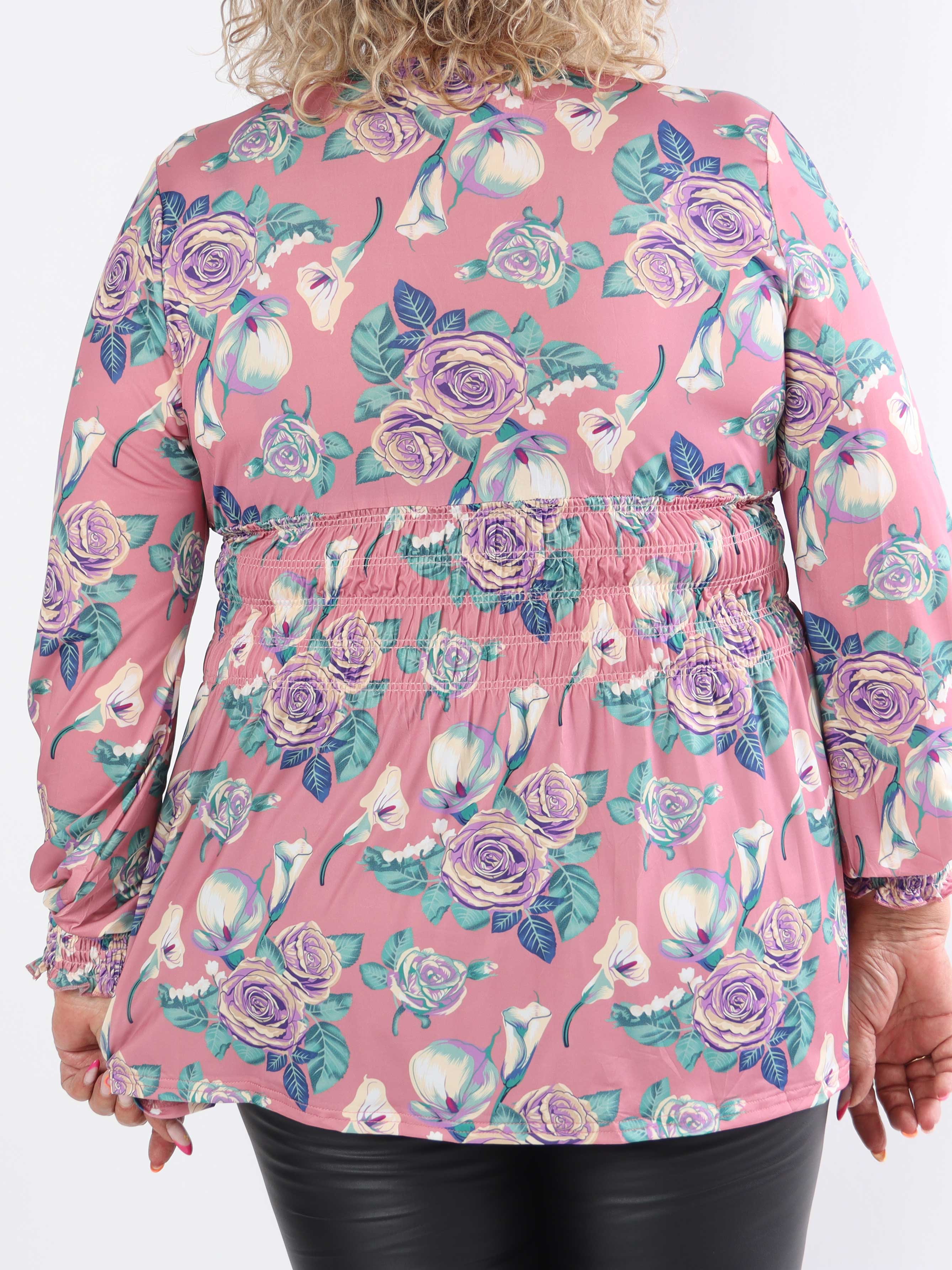 Pams Rose Shirt L/S - Elastisk plus size bluse i krølfrit stof med roser